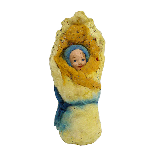 Елочная игрушка "Младенец-мальчик в голубом чепце в желтых пеленках" Вата, папье-маше СССР, 50-е годы ХХ века от времени вата темнеет, линяет инфо 2724n.