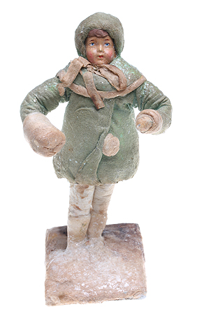 Елочная игрушка "Девочка с муфтой в зеленой шубе" Патье-маше, вата СССР, середина ХХ века 6,5 см Сохранность очень хорошая инфо 2742n.