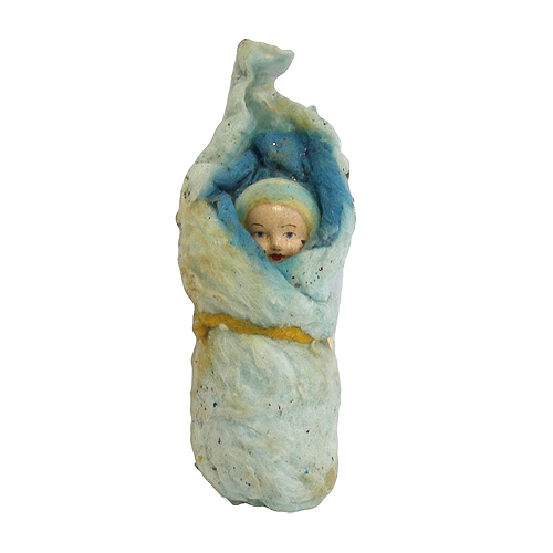 Елочная игрушка "Младенец-девочка в двустороннем сине-голубом одеяле" Вата, папье-маше СССР, 30-е годы XX века 3 см Сохранность очень хорошая инфо 2756n.