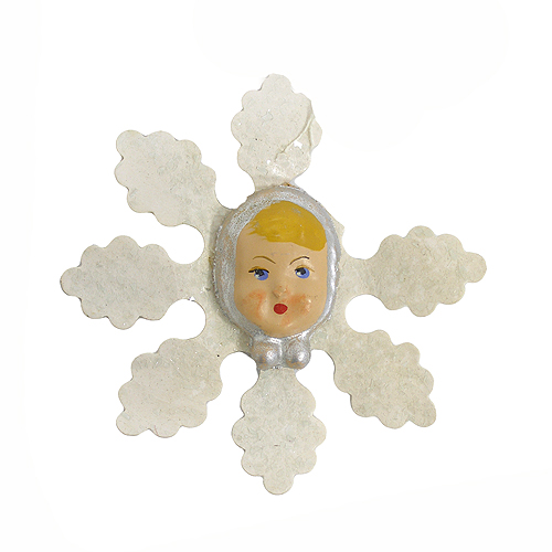 Елочная игрушка "Снежинка с ангелочком" Папье-маше, роспись, бумага, тертое стекло СССР, 50-е годы XX века отражая свет Сохранность очень хорошая инфо 6280n.